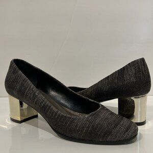 Coccinelle Textured Grey Black Leather Metallic Block Heel Shoes Size 38